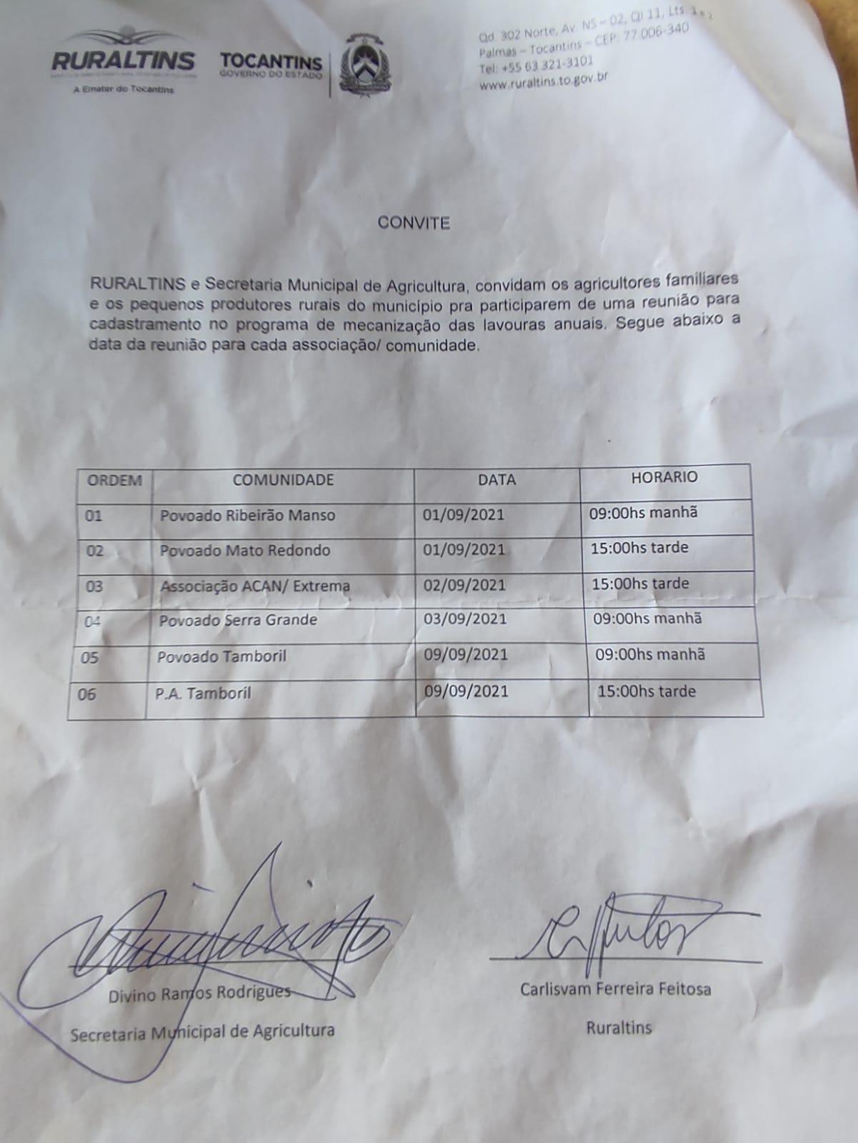 Prefeitura de Angico, Secretaria Municipal de Agricultura e  Ruraltins realizam reuniões para cadastrar agricultores familiares e pequenos produtores no Programa de Mecanização das Lavouras  