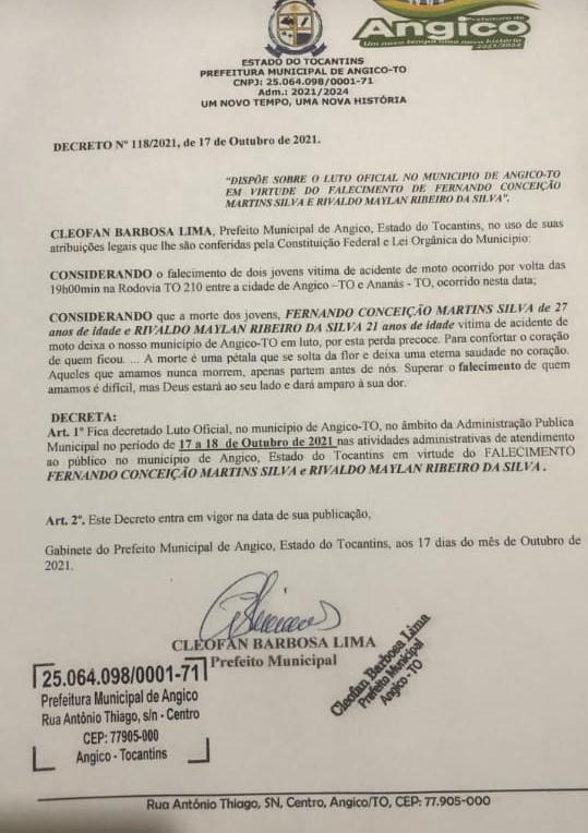 LUTO: Prefeitura de Angico emite nota de pesar pelo falecimento dos jovens Fernando e Rivaldo