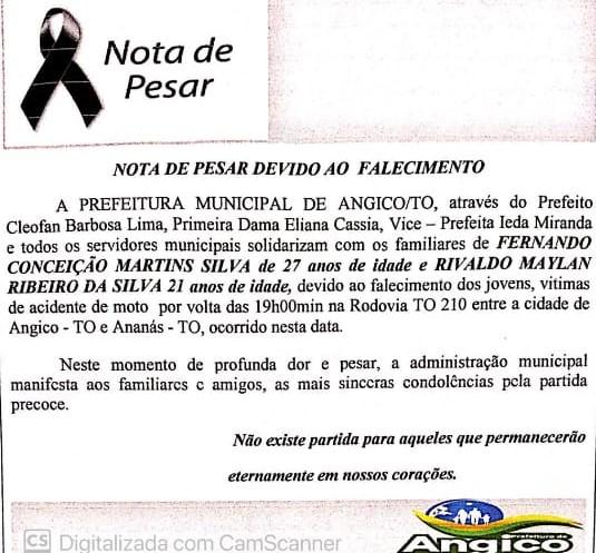 LUTO: Prefeitura de Angico emite nota de pesar pelo falecimento dos jovens Fernando e Rivaldo