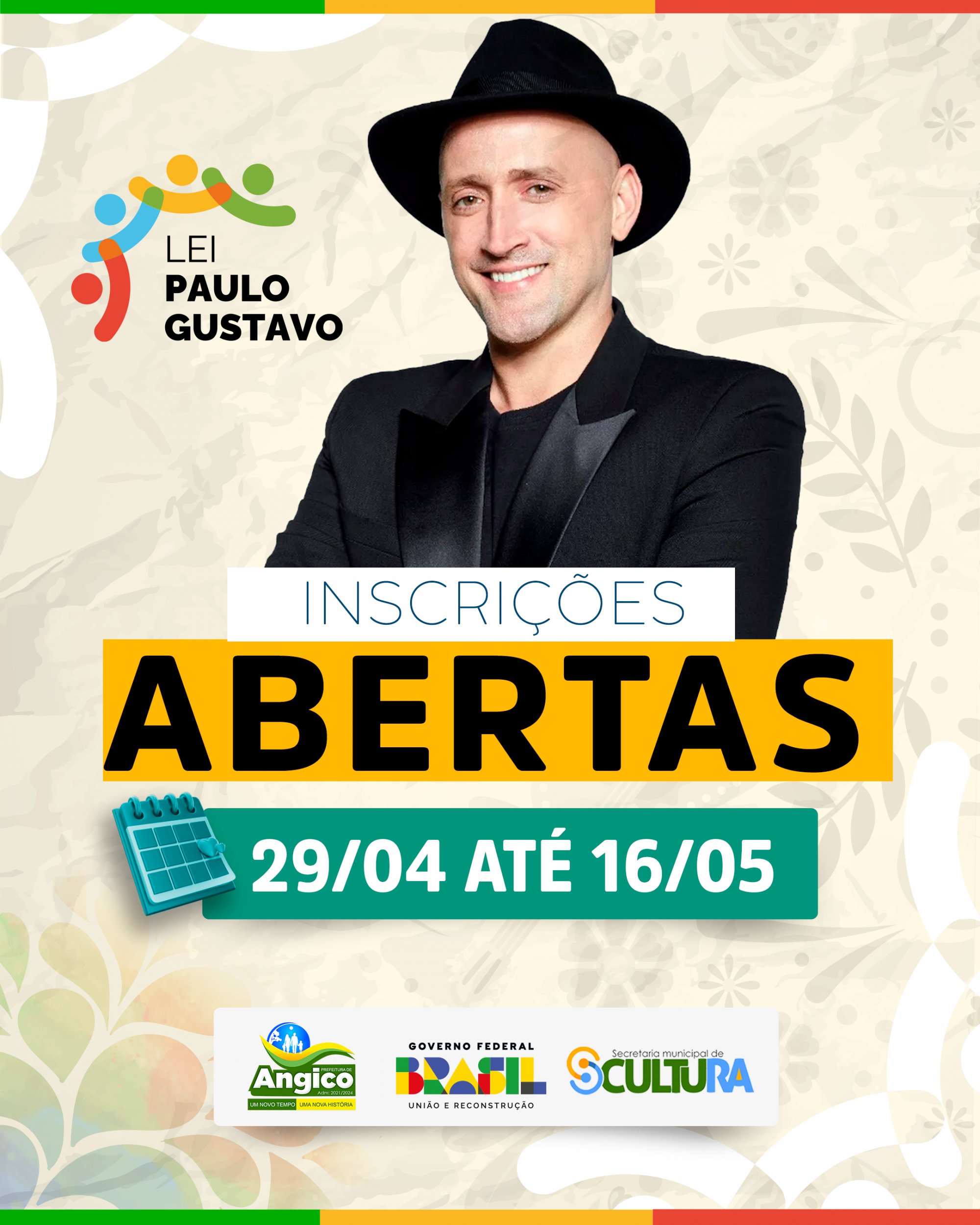 A Prefeitura de Angico, Tocantins, através da Secretaria Municipal de Cultura e Assuntos Políticos, publicou nesta quarta-feira, dia 24 de Abril, os Editais da Lei Paulo Gustavo (Lei Complementar nº 195/ 2022).